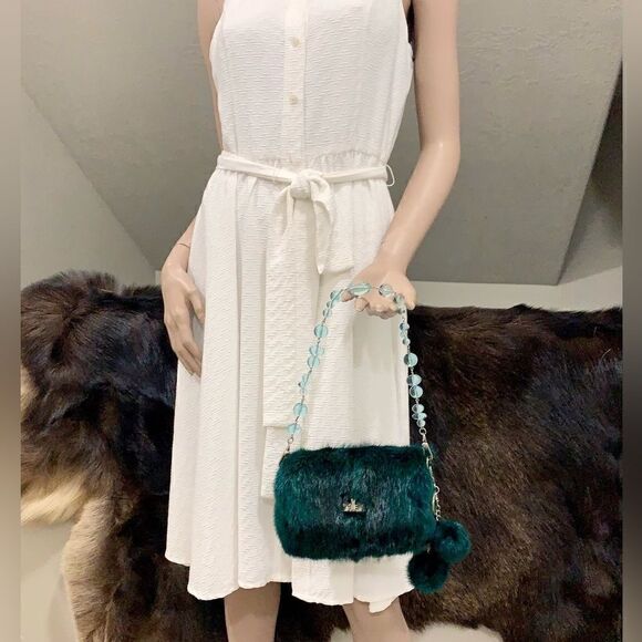 Handmade Real Mink Fur Clutch/Shoulder Bag/Crossbody & Fur Balls Charm - Picture 12 of 17